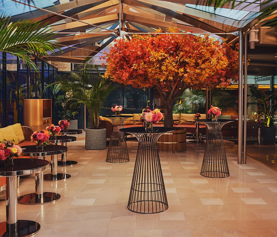 A stylish indoor area with bright orange foliage and contemporary black wire-frame tables, creating a warm and inviting ambiance under a glass ceiling.