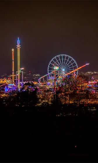 A vibrant nighttime view of a brightly lit amusement park featuring a Ferris wheel, roller coaster, and tall thrill rides, framed by silhouettes of trees in the foreground.